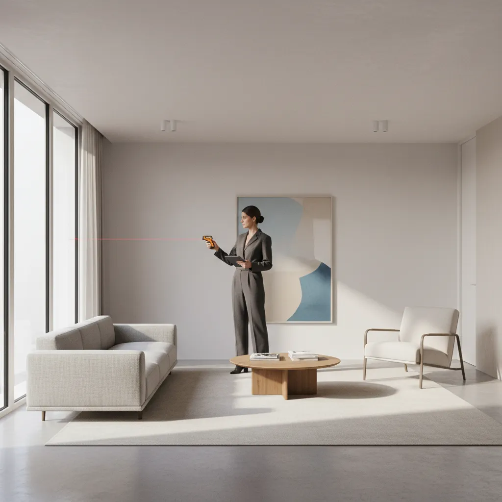 Laser device measuring room walls for digital floor plan creation