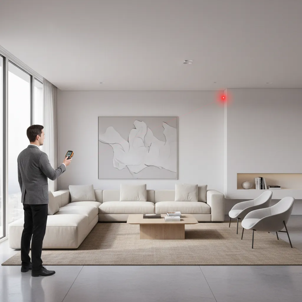 laser device measuring a modern living room for floor plan documentation