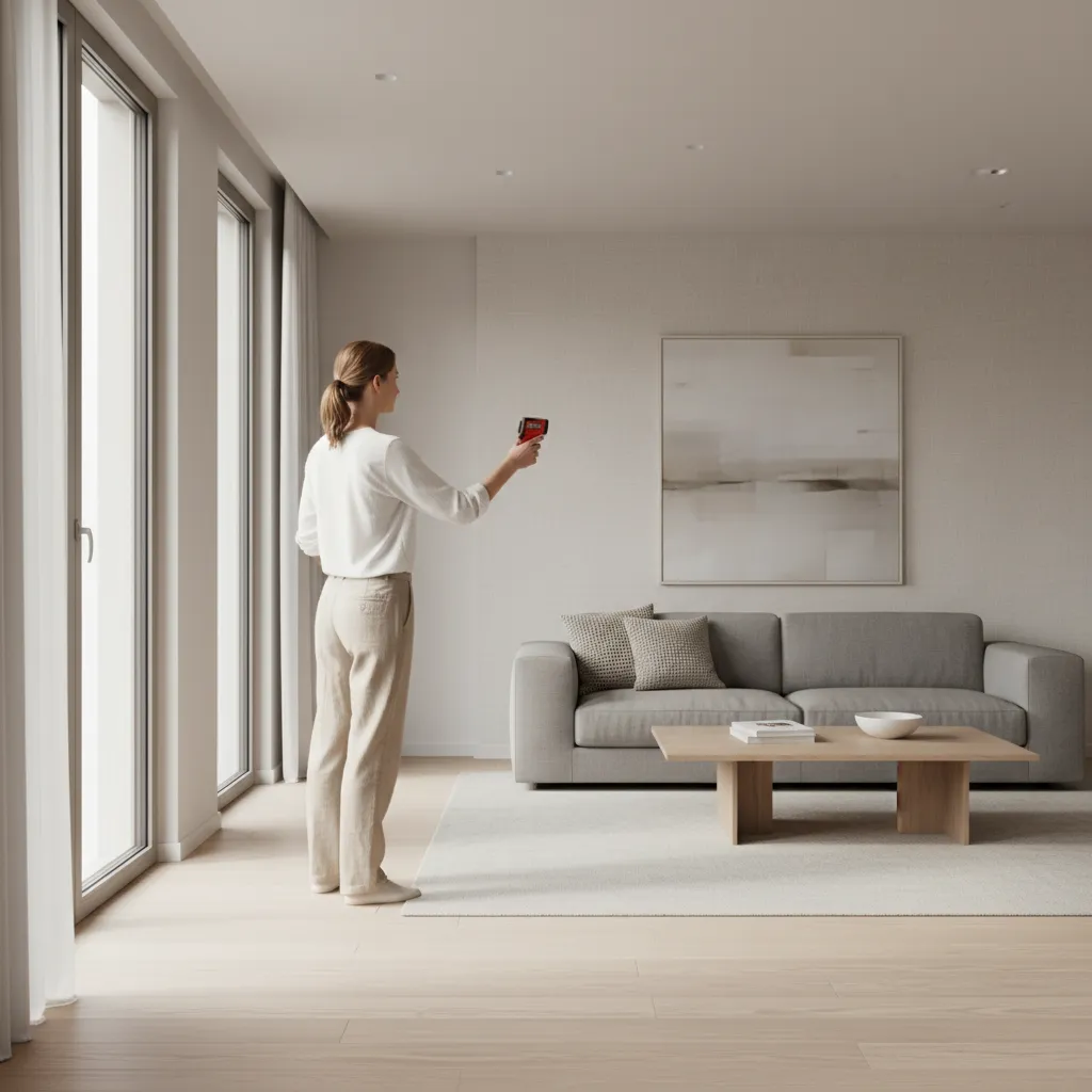 person measuring a living room wall with a laser distance meter