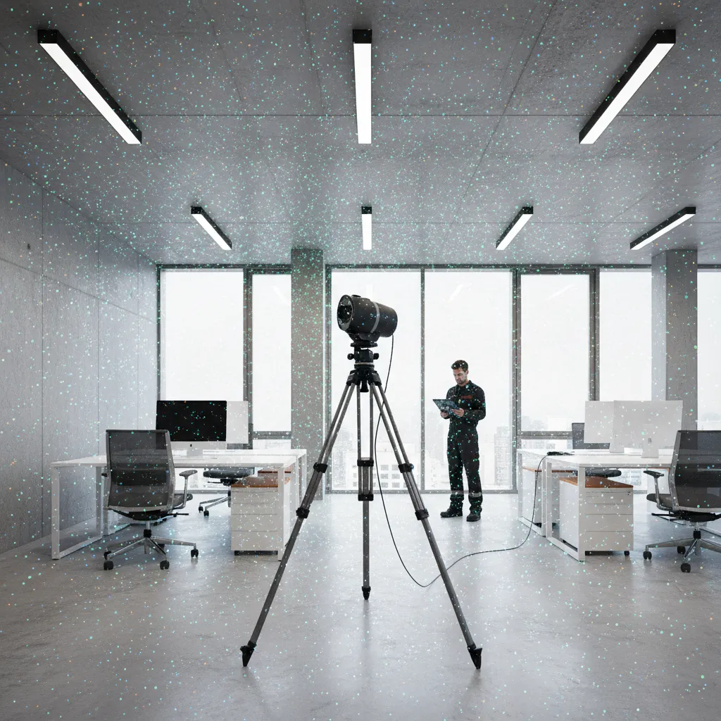 3d laser scanner capturing building interior to create point cloud for floor plan reconstruction