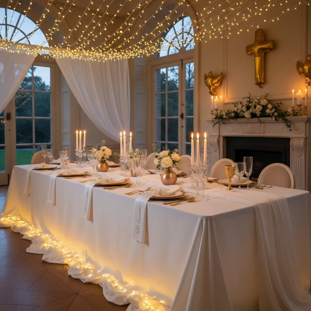 Communion party table with string lights fabric draping and simple decorative fixes