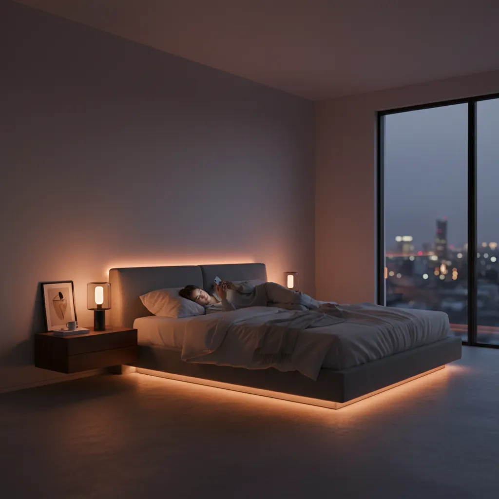 Person using smartphone in bed late at night