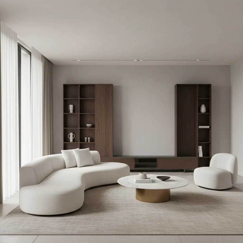 Modern living area with white curved sofa marble coffee table white armchair and dark cabinets