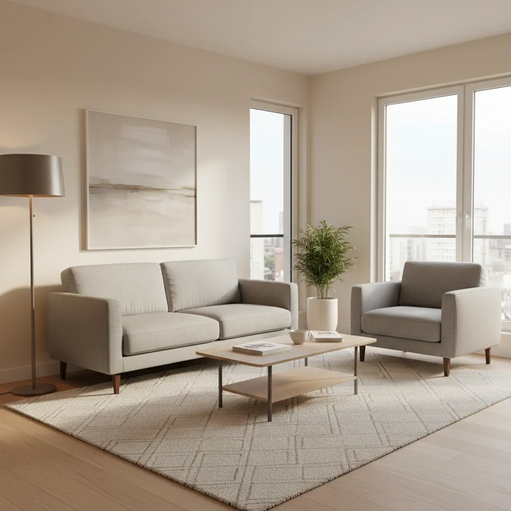 Modern living room with grey sofa armchair wooden coffee table floor lamp rug and windows