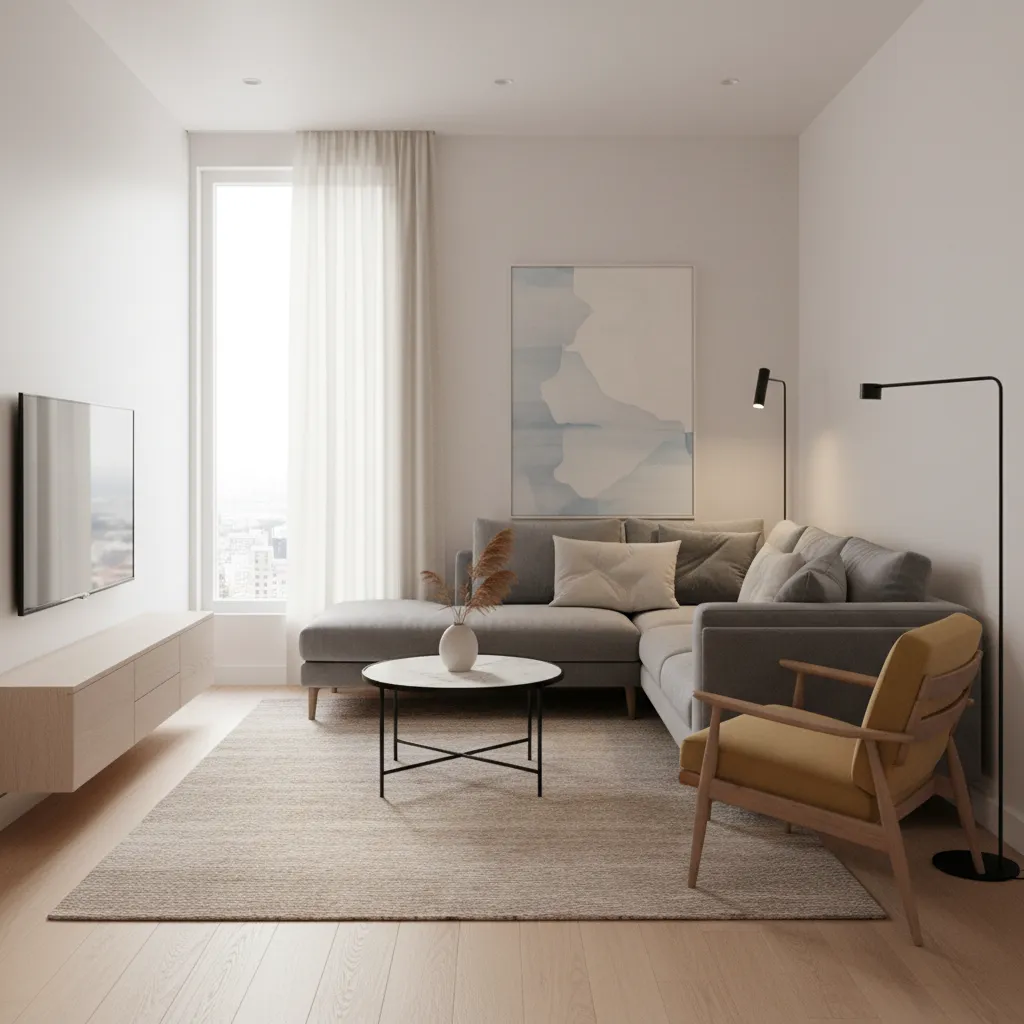 Modern living room with grey sofa yellow armchair marble coffee table wooden cabinet and rug