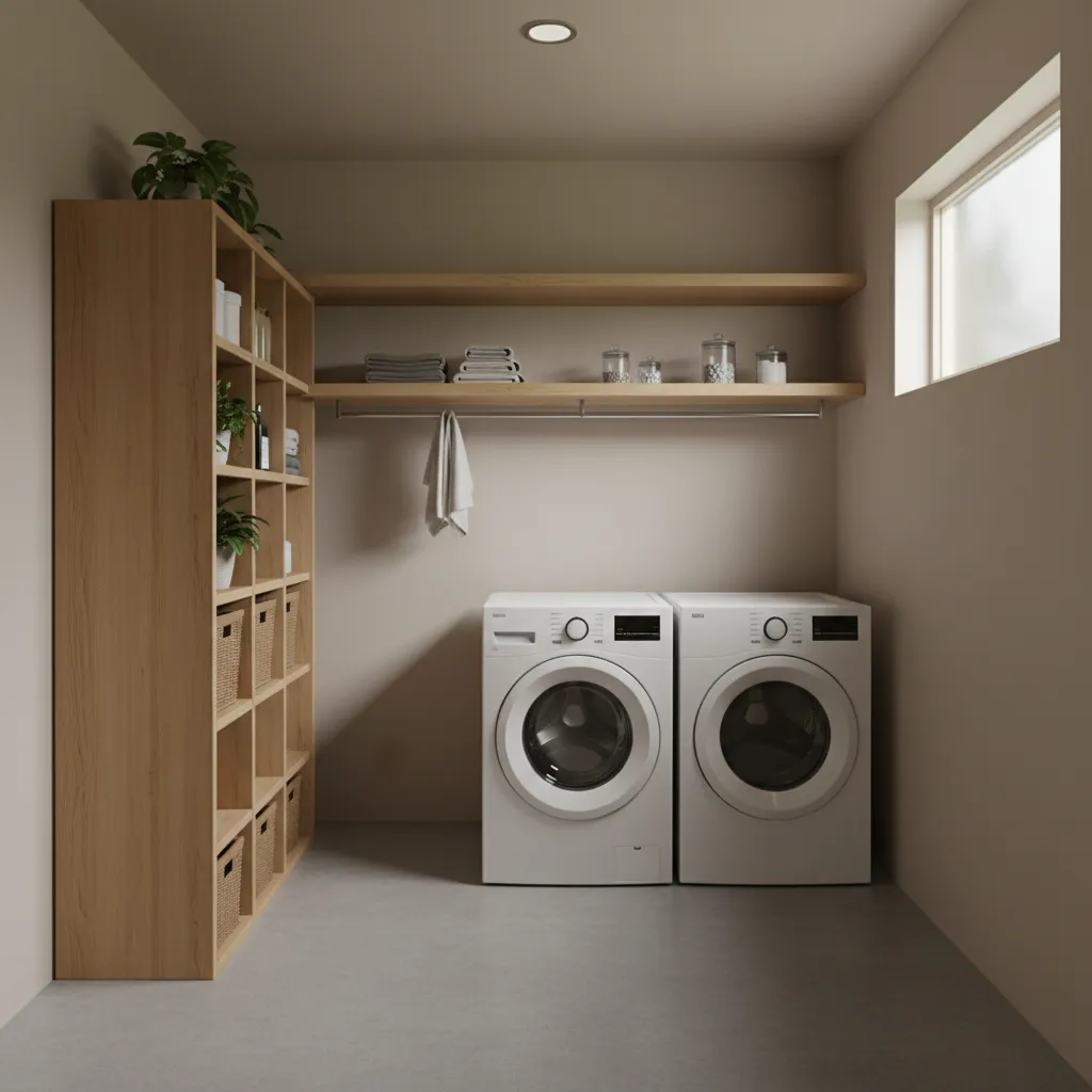Matte latex painted concrete floor in a residential laundry room