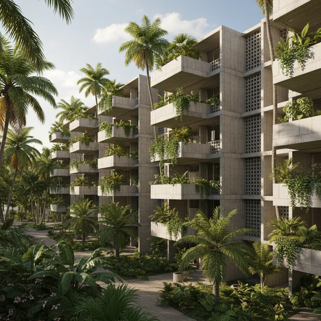 latin american tropical social housing with concrete structure and balconies