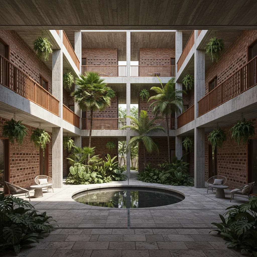 latin american tropical courtyard house with concrete structure and open brick walls