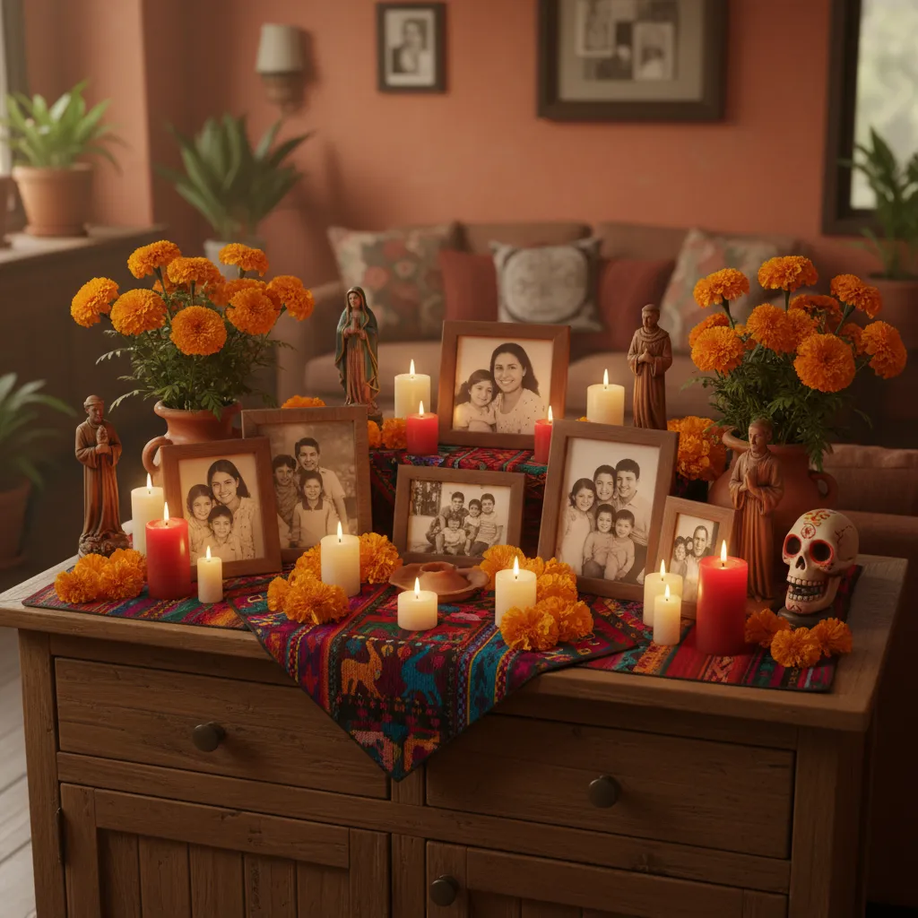 Latin American family remembrance altar with candles flowers and photos