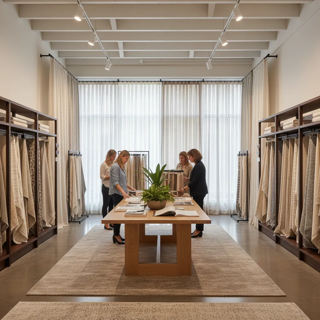 People browsing fabric samples in a bright curtain shop with a large central wooden table