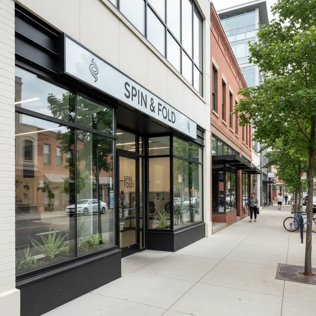 stylish laundromat storefront signage with modern branding