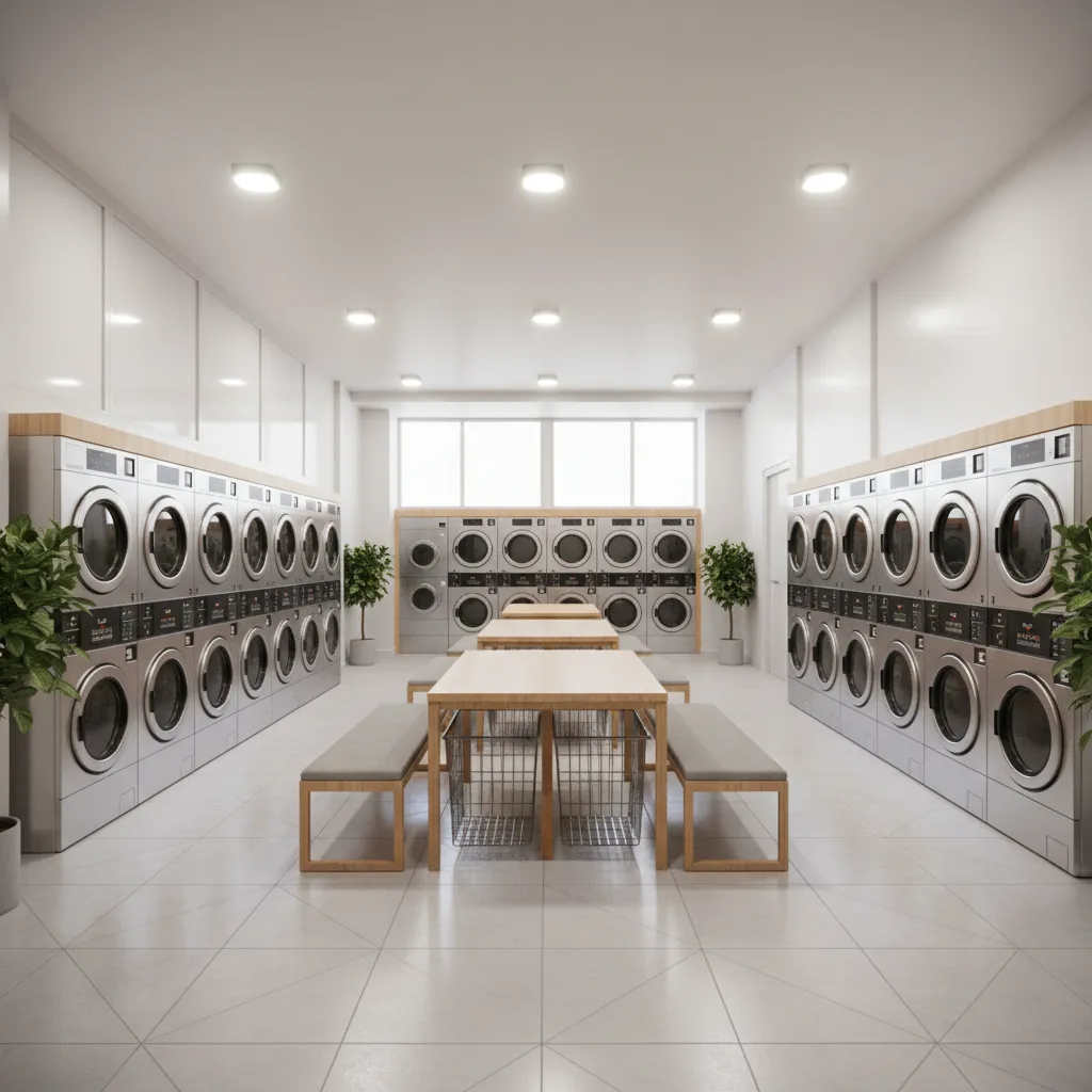 Organized laundromat layout with washing machines folding tables and waiting area