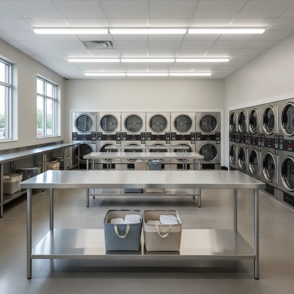 Laundromat folding tables and organized customer area with dryers in background