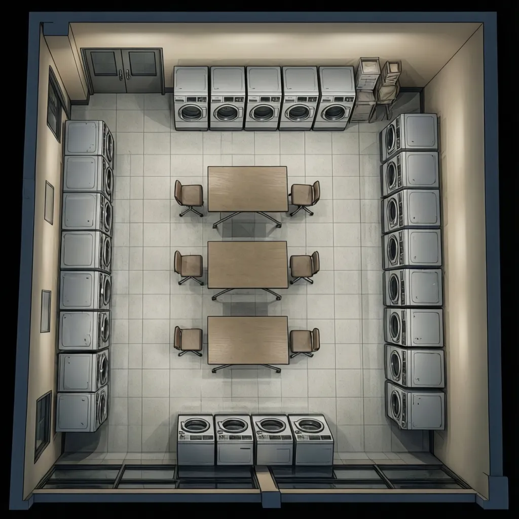Top view laundromat layout showing washer rows, folding tables, and clear customer flow