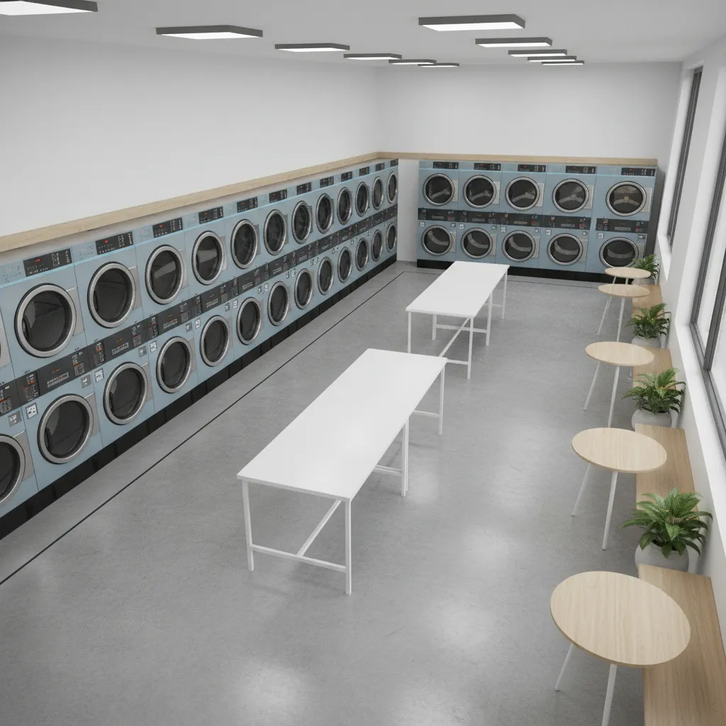 simple laundromat floor layout showing washer rows and folding stations
