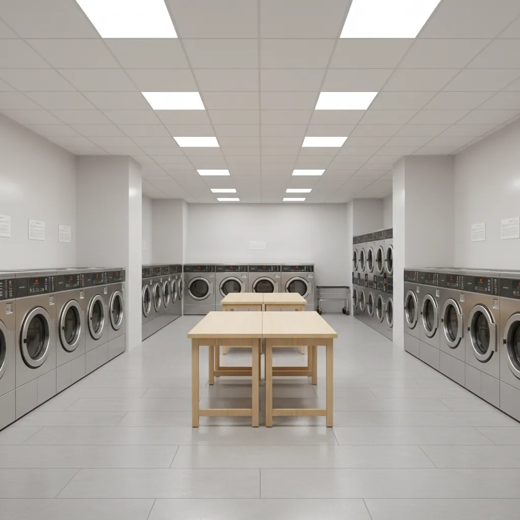 organized laundromat layout with washing machines and folding tables
