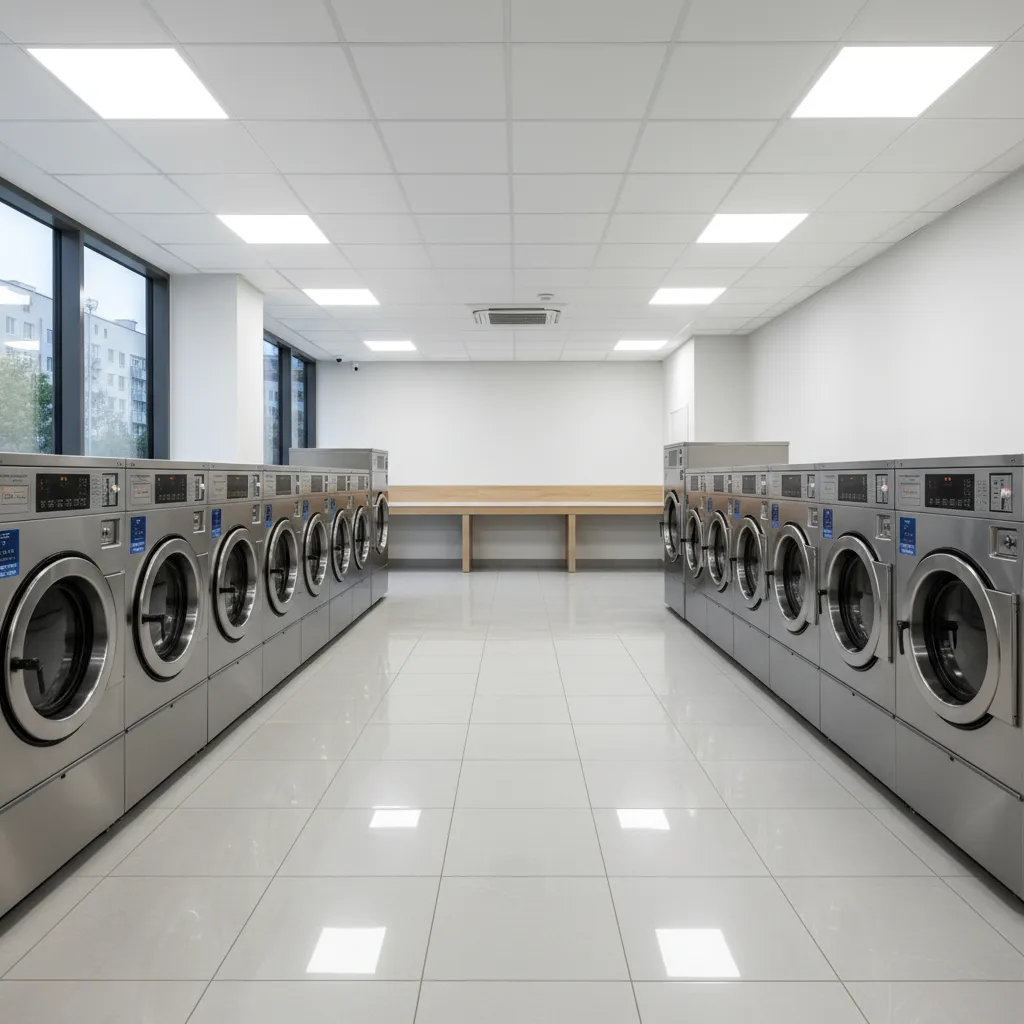 rows of laundromat machines used during community laundry assistance program