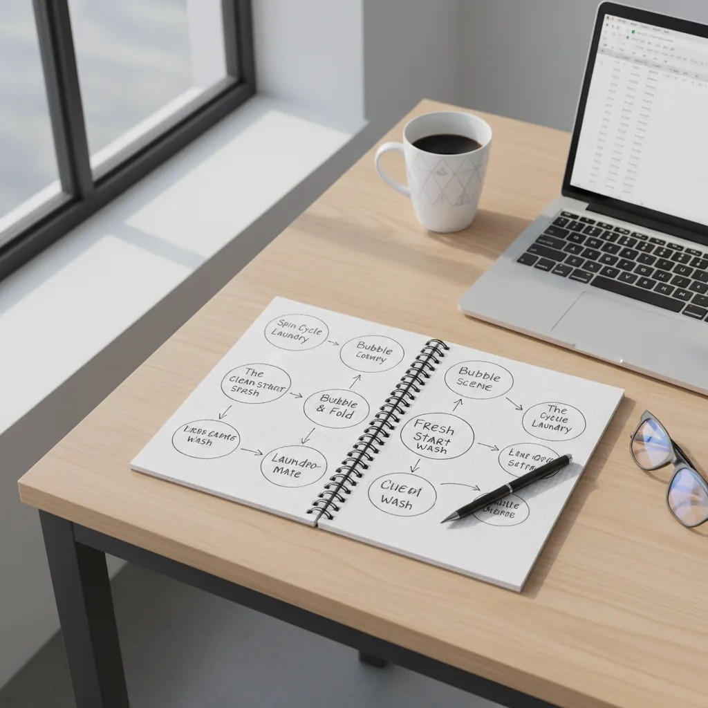 brainstorming laundromat name ideas on notebook with branding concepts