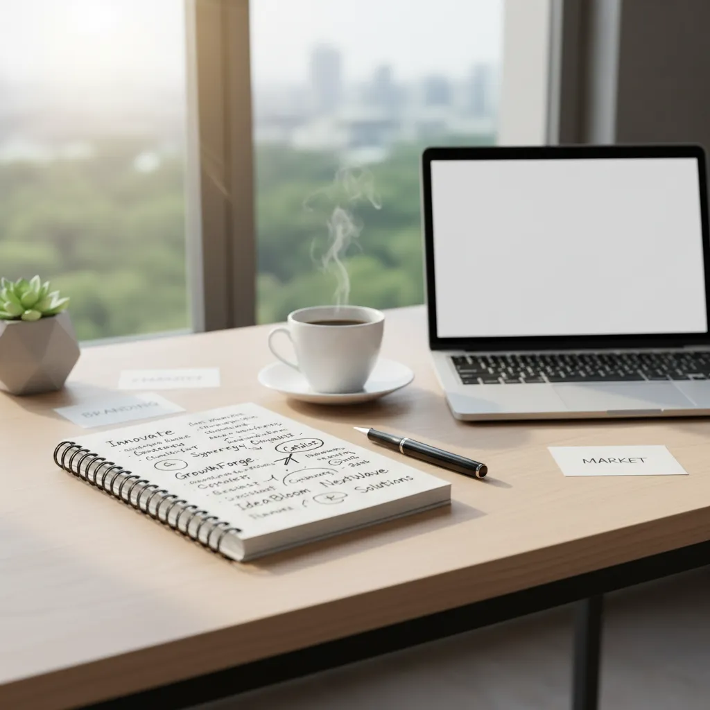 notebook with laundromat name brainstorming ideas on desk