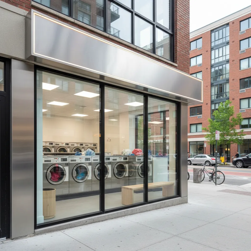 clean laundromat storefront with modern signage and glass windows