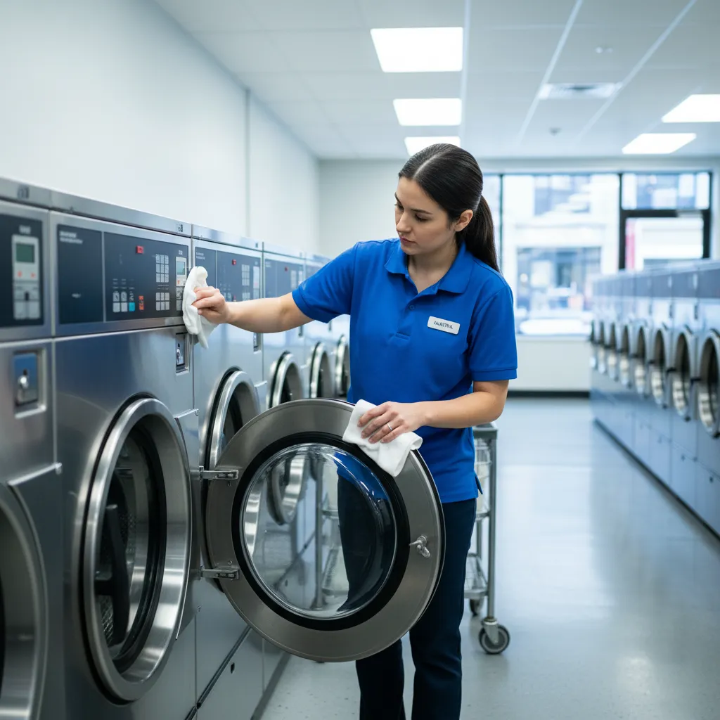 staff cleaning laundromat washer doors and control panels