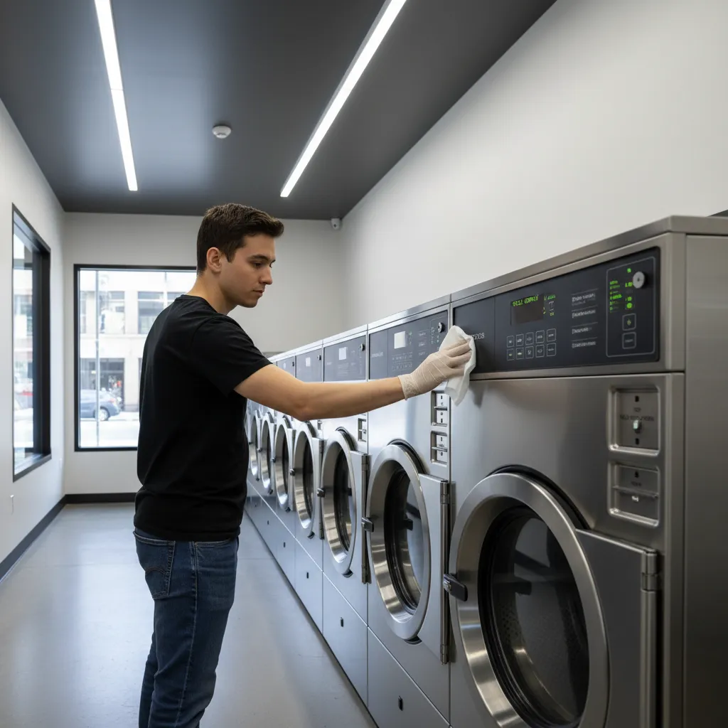 Person disinfecting laundromat machine controls and handle