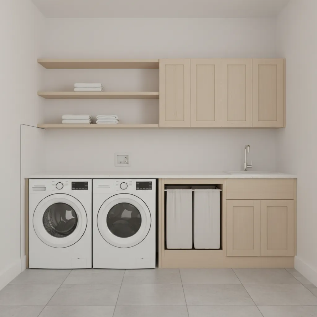 Diagram style laundry layout showing outlet clearance around washer dryer