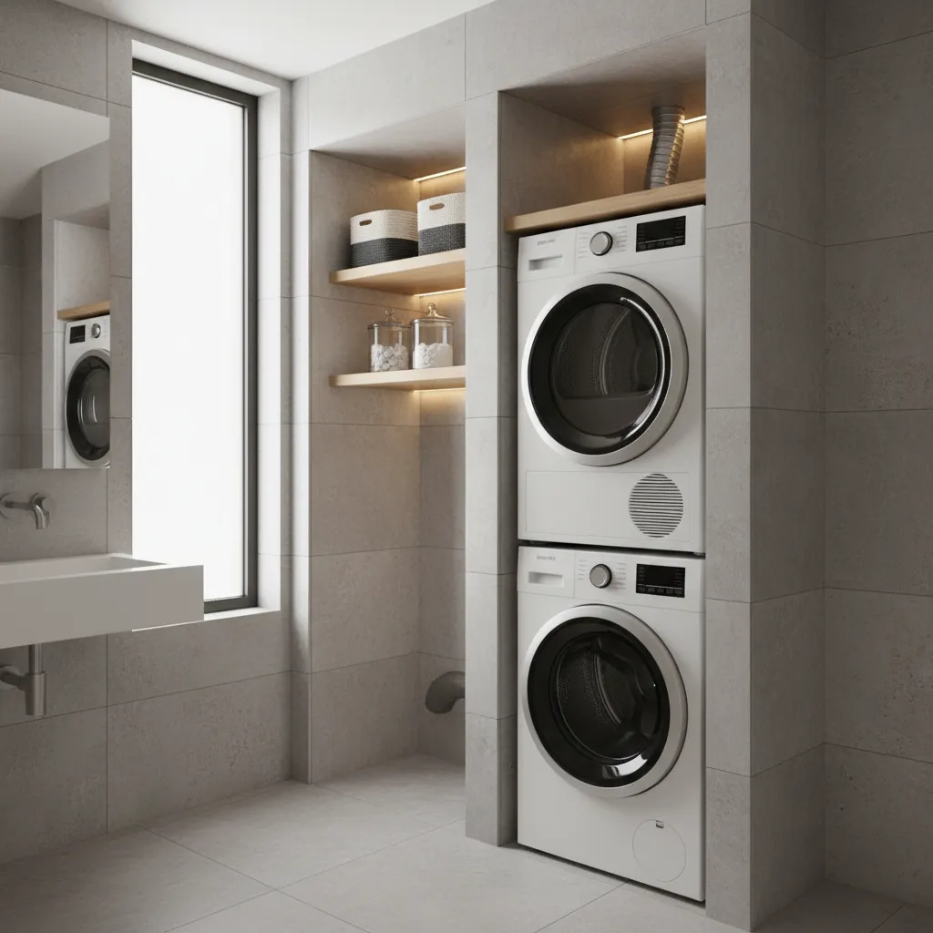 washer dryer with spacing behind appliances for airflow