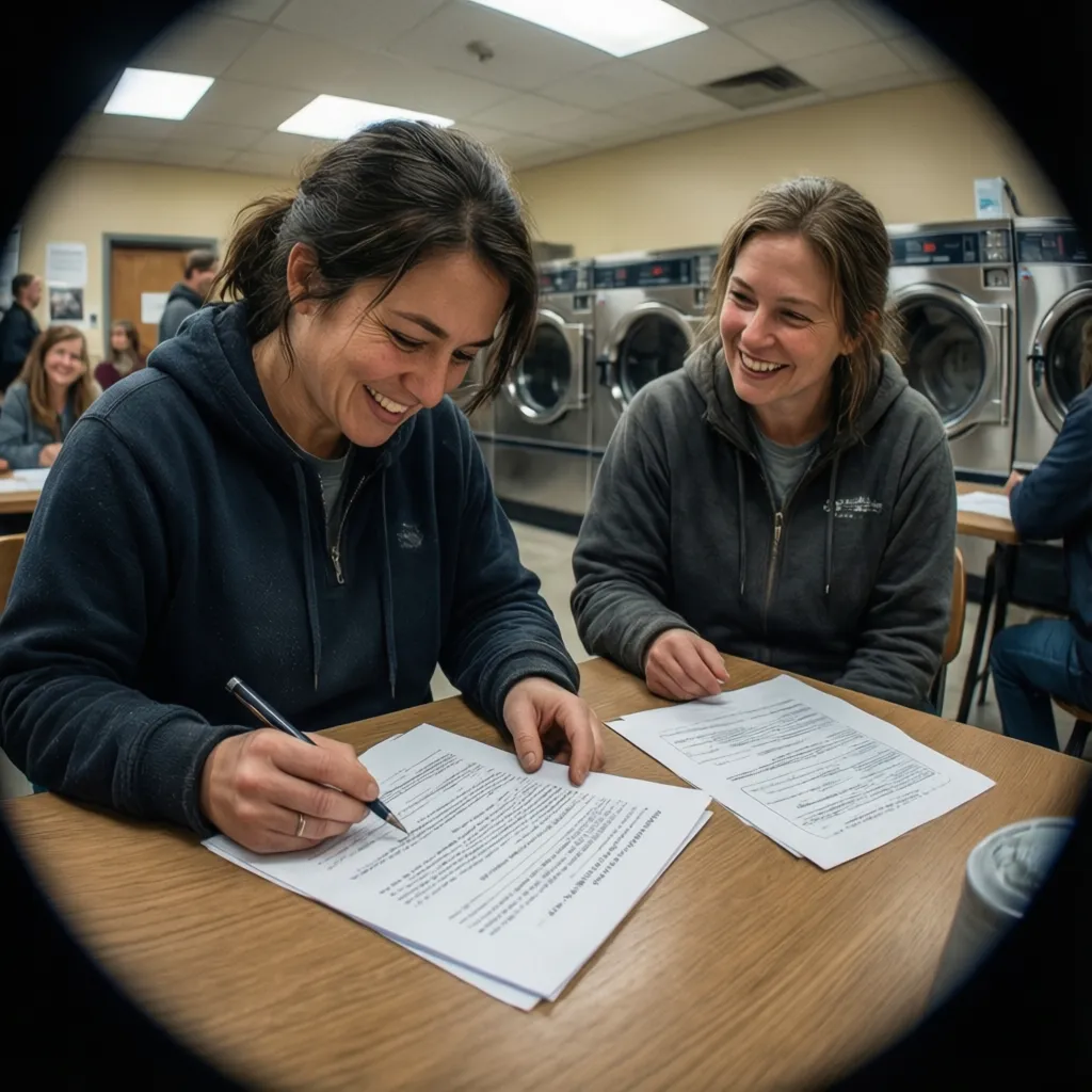 community volunteer checking documents for laundry assistance program