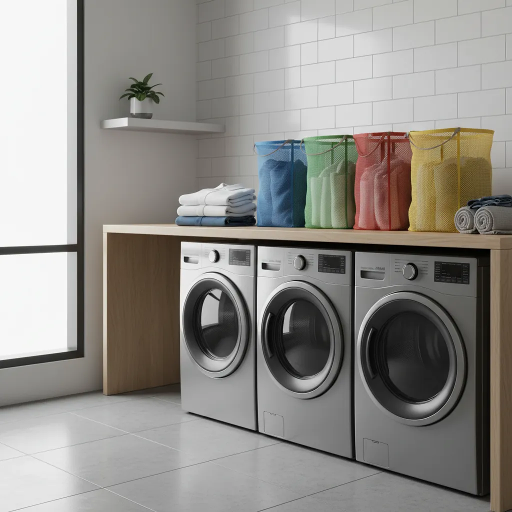 Color coded laundry bags and baskets used to organize clothes in shared laundry room