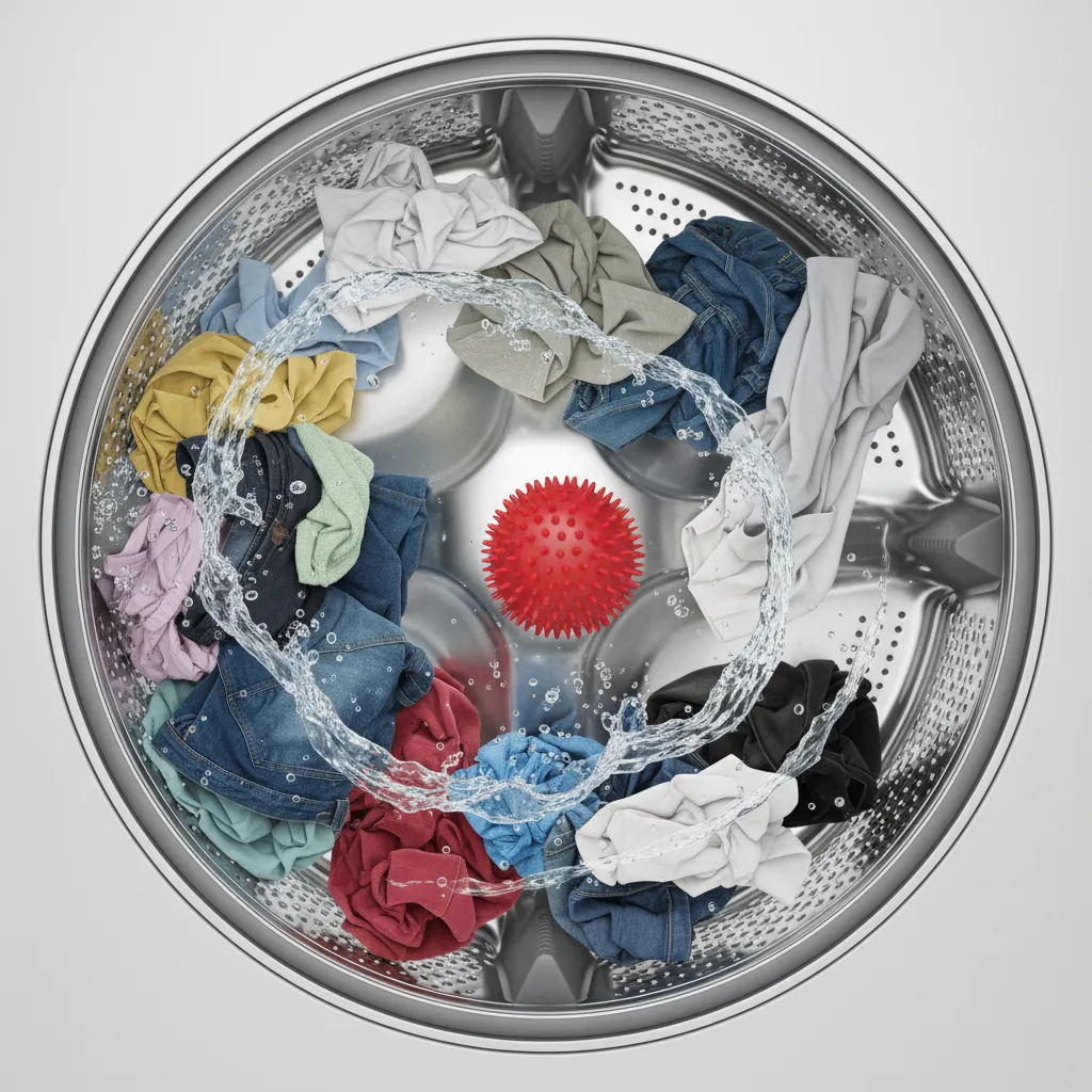 Laundry ball separating clothes during washing cycle illustration