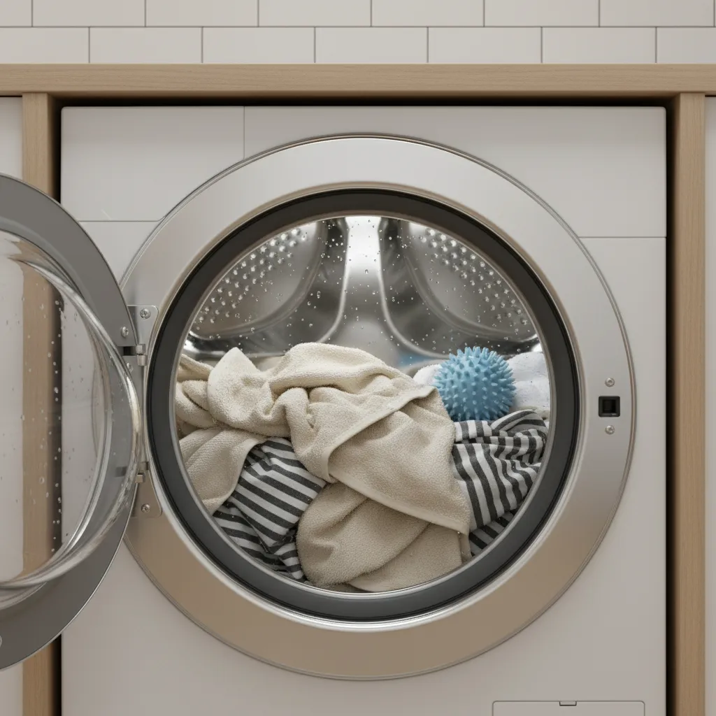Laundry ball washing heavy towels in washing machine drum