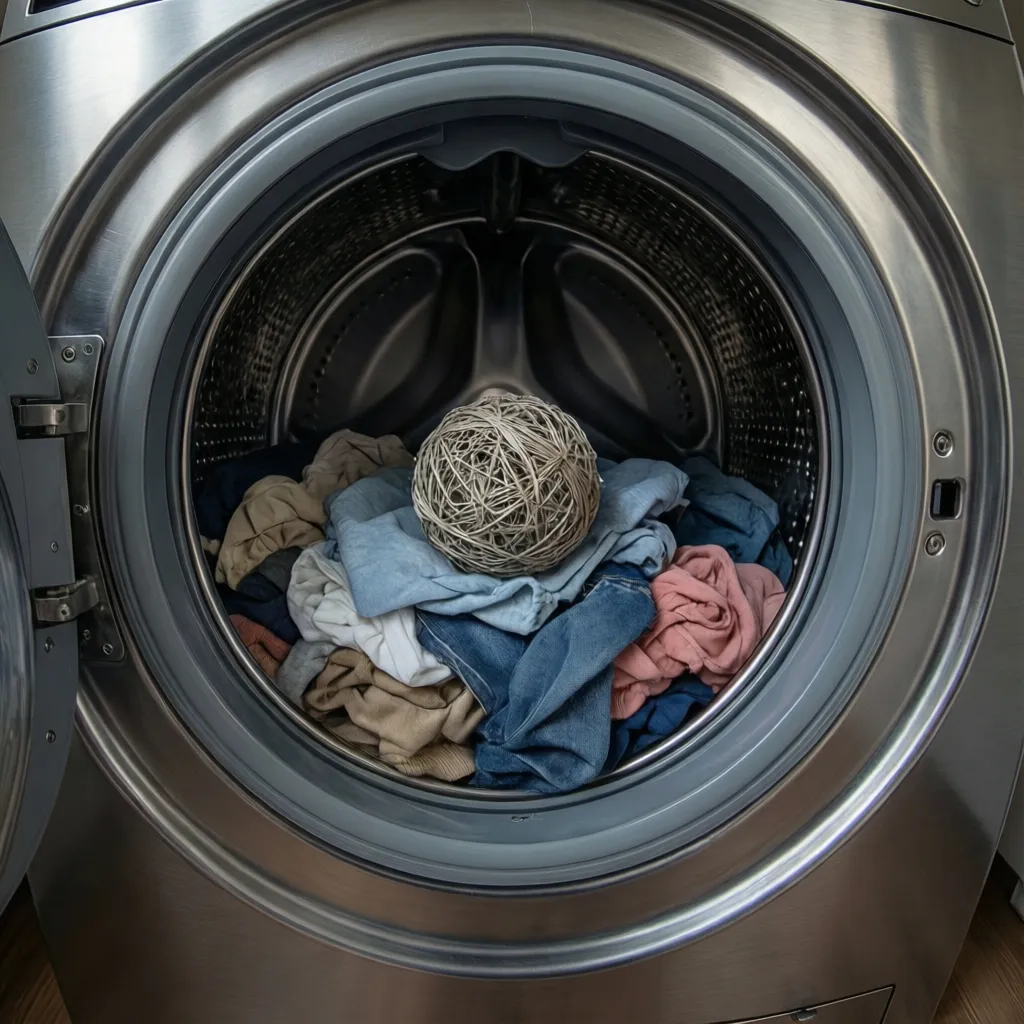 Laundry ball sitting on top of clothes inside washing machine drum