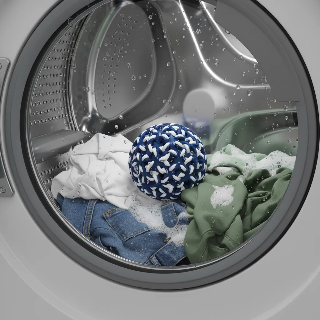 Laundry ball inside washing machine drum with clothes