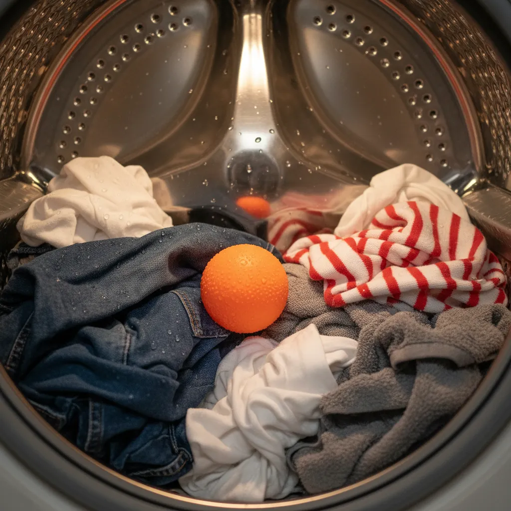 laundry ball inside front load washing machine with mixed clothes tumbling