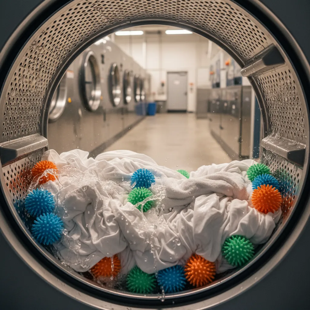 Close view of laundry balls inside a commercial washing machine drum with linens