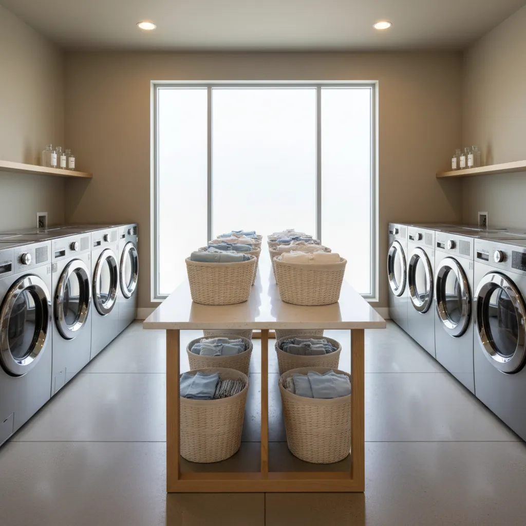 Similar laundry baskets on folding table in shared apartment laundry room