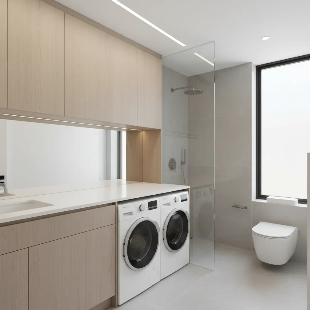 Laundry and bathroom layout with washer dryer zone and shower zone