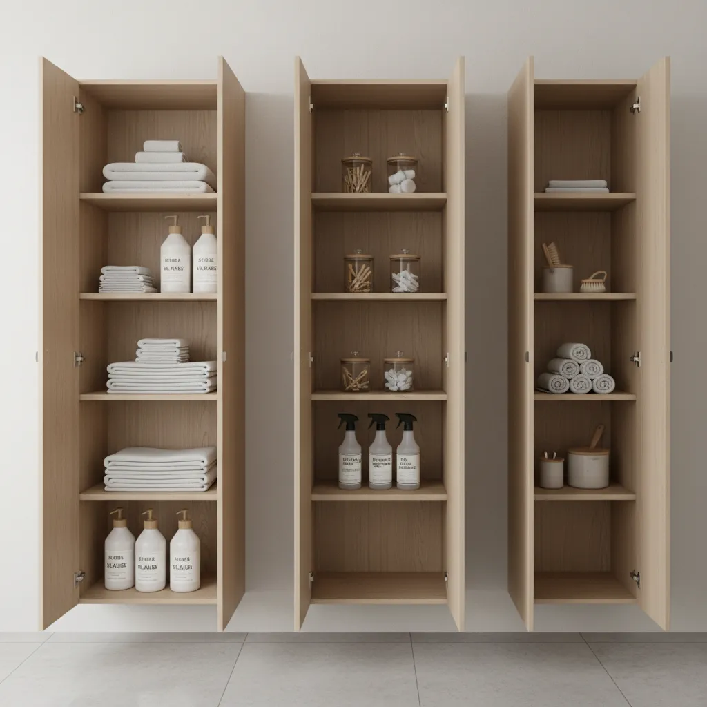 Open shelves inside narrow laundry cabinets showing storage capacity differences