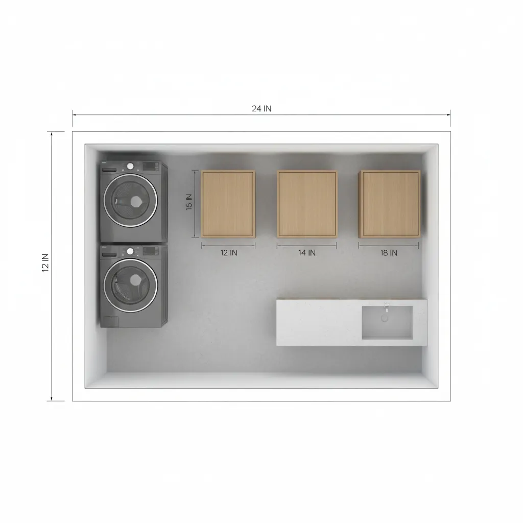 Layout comparison of 12 inch 14 inch and 18 inch cabinets beside laundry appliances