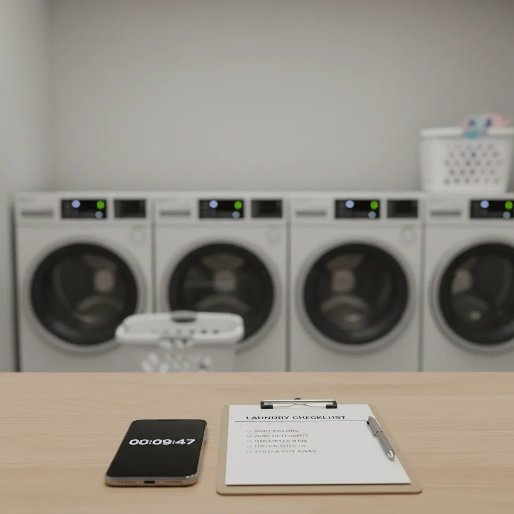 Smartphone timer next to laundry checklist in apartment laundry room