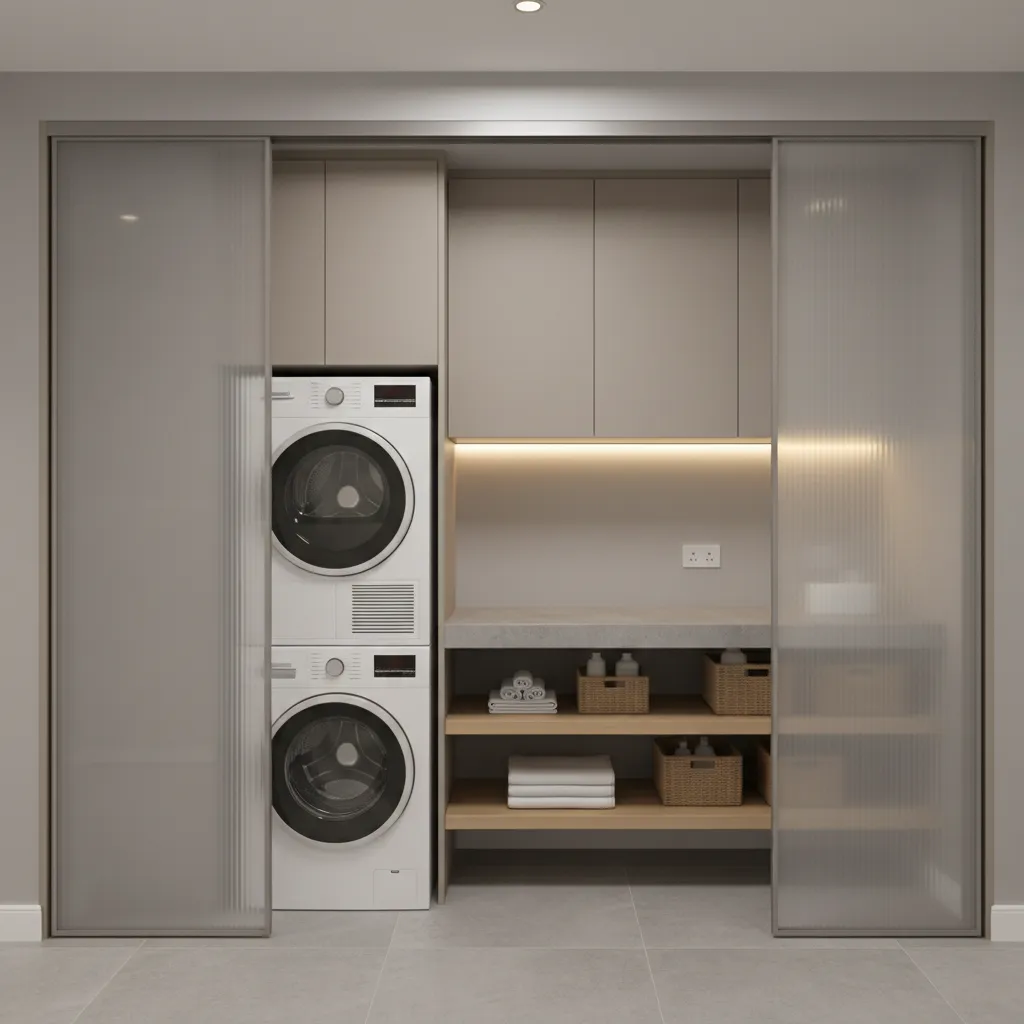 Laundry closet with stacked appliances and sliding doors
