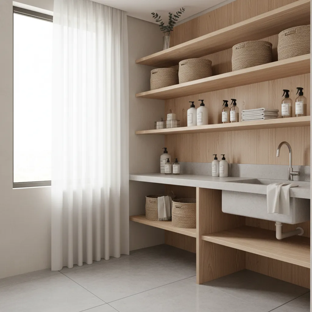 laundry room corner shelves with storage baskets and cleaning supplies organized