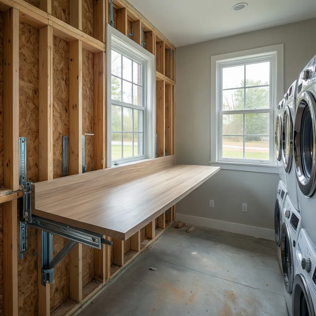 Wall mounted steel brackets supporting laundry room countertop