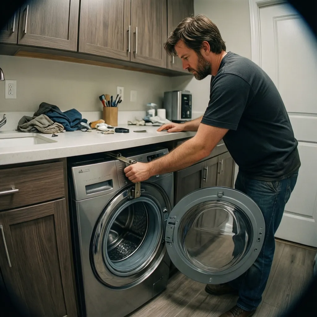 homeowner checking countertop stability above washing machine
