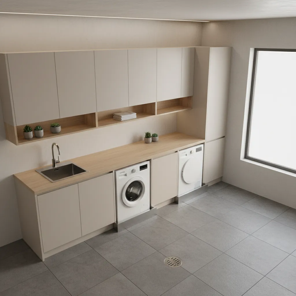 3D visualization of laundry room layout showing washer pan and floor drain positions