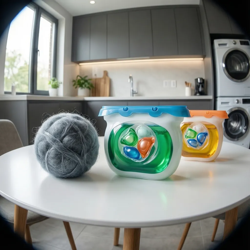 Laundry ball, dryer balls and detergent pods side by side comparison