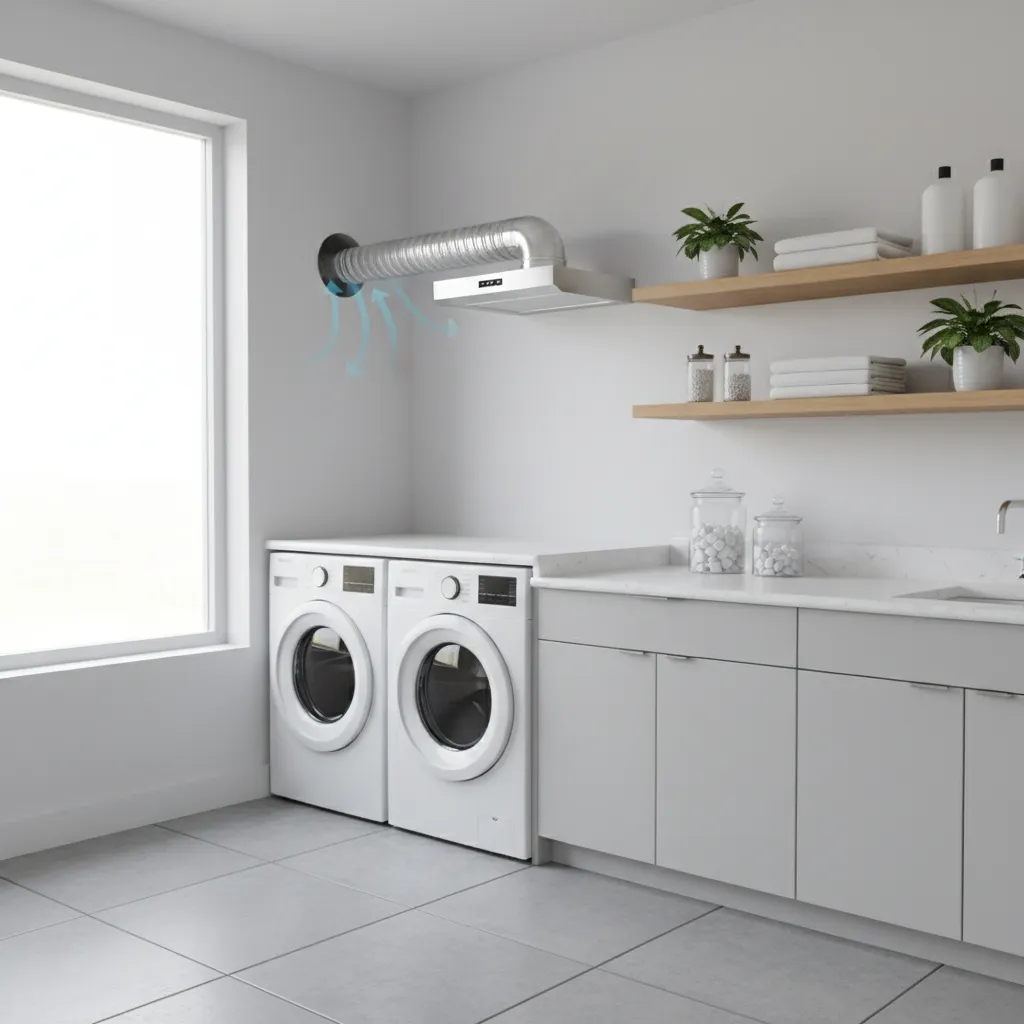 Laundry room wall exhaust fan venting air outdoors through duct