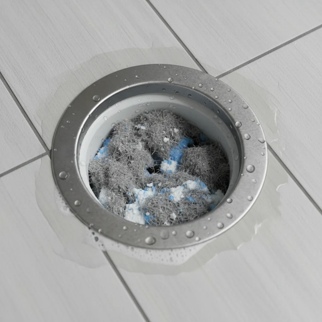 Close-up of laundry floor drain with lint buildup and debris