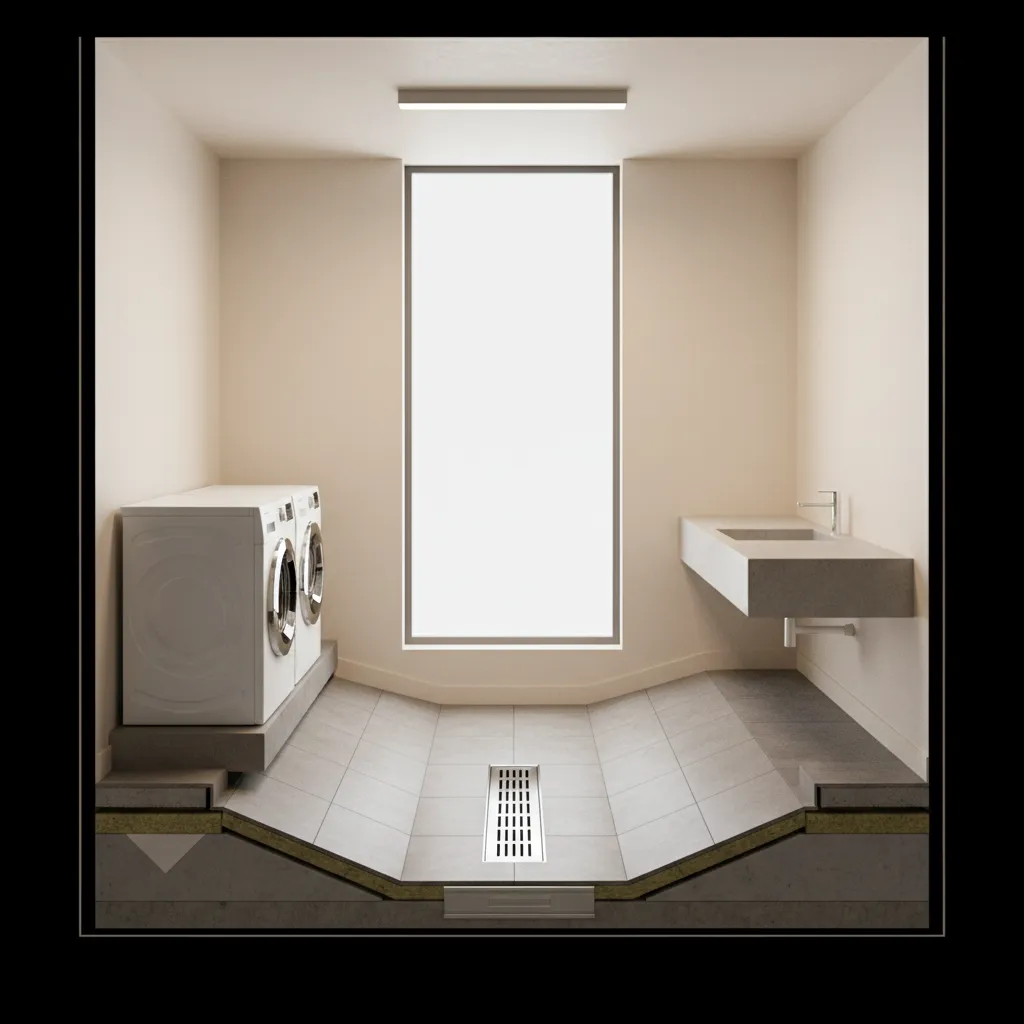 Laundry room floor slope directing water toward central drain